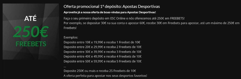 ESC Online Apostas Bónus | até 250€ em Freebets no 1º Depósito