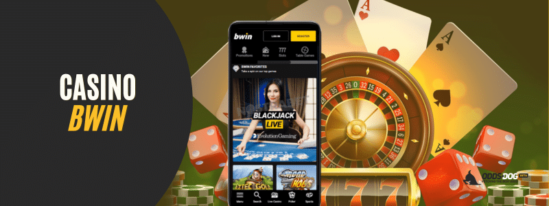 A smartphone displaying the Bwin Casino platform, featuring live blackjack, slot games, and table games, set against a casino-themed background with a roulette wheel, playing cards, and dice.
