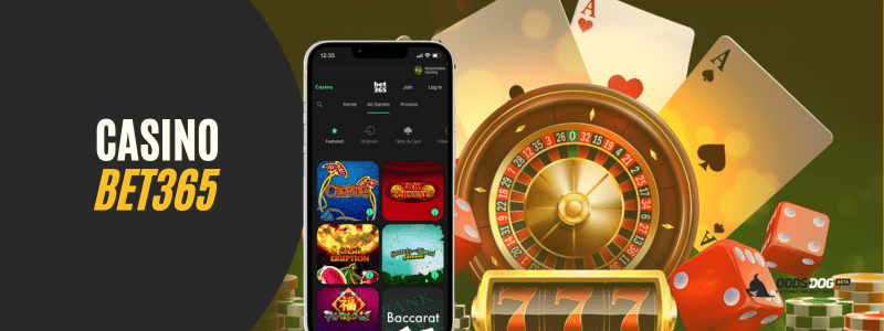 A smartphone displaying the Bet365 casino interface, with a background featuring a roulette wheel, playing cards, and slot machine symbols. The text “Casino Bet365” is on the left, alongside the Odds.dog logo.