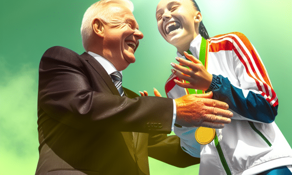 President Marcelo Rebelo de Sousa congratulates Patrícia Sampaio on bronze medal